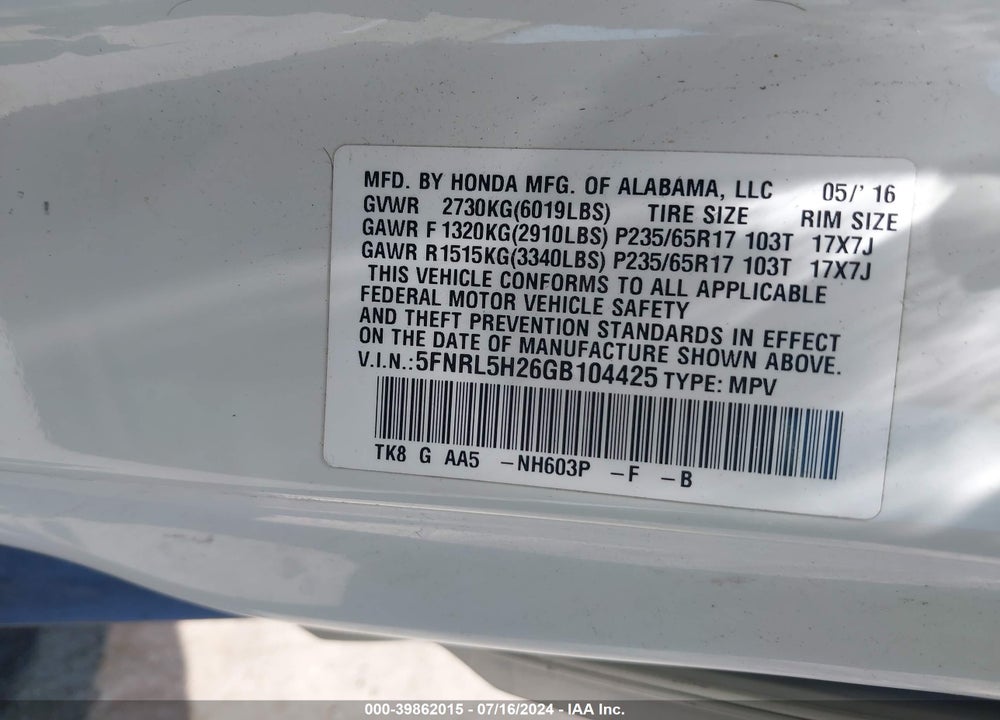 2016 HONDA ODYSSEY LX VIN: 5FNRL5H26GB104425