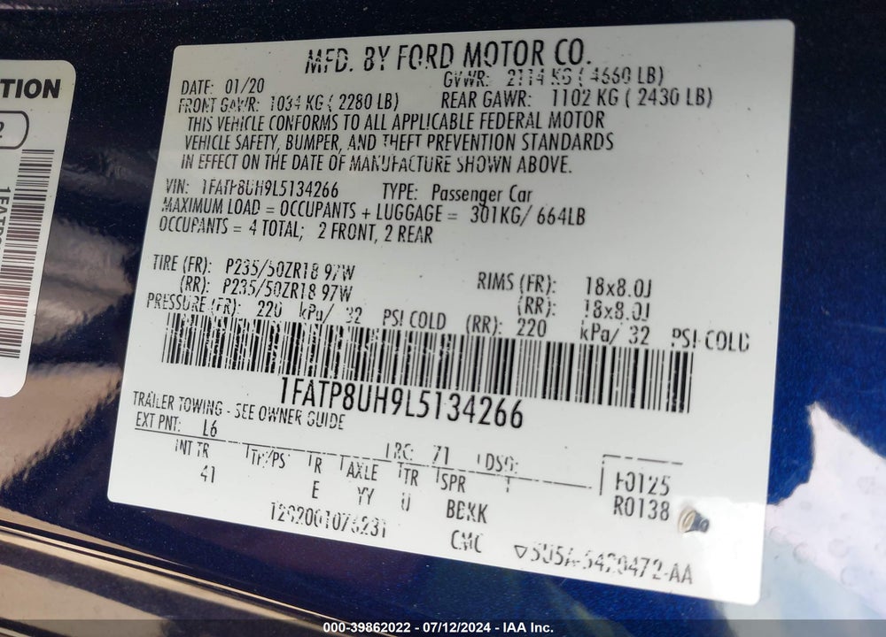2020 FORD MUSTANG ECOBOOST PREMIUM VIN: 1FATP8UH9L5134266