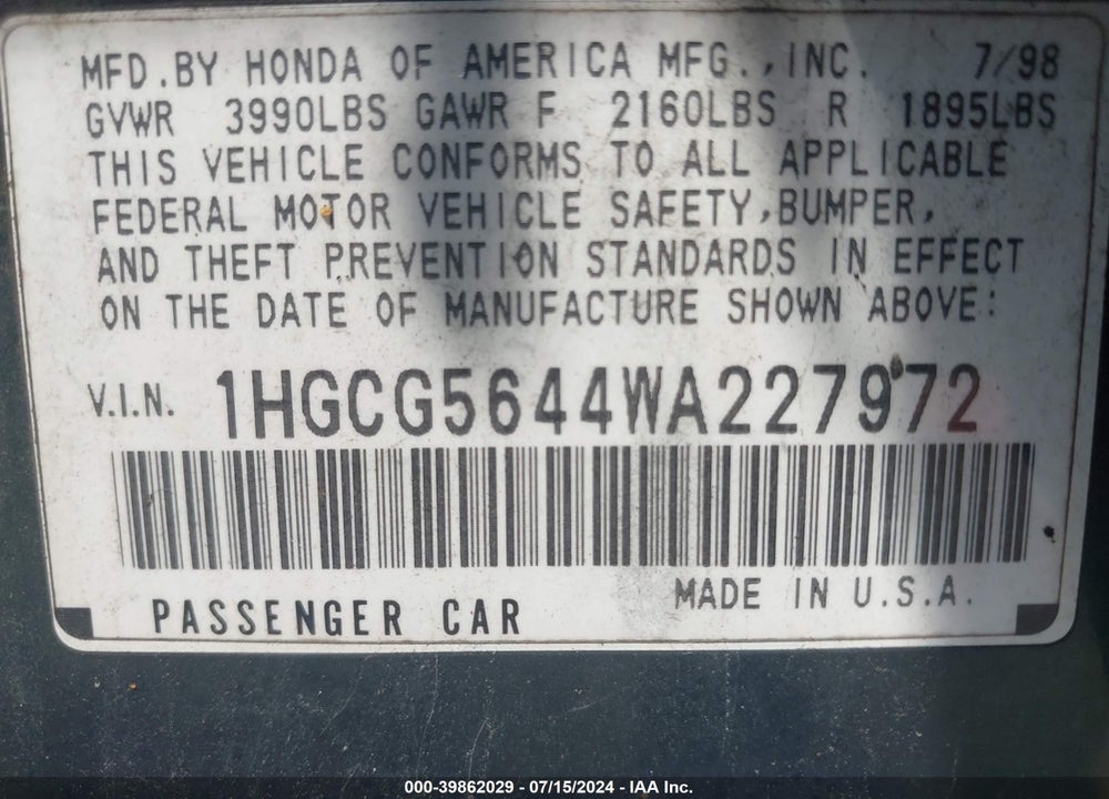 1998 HONDA ACCORD LX VIN: 1HGCG5644WA227972