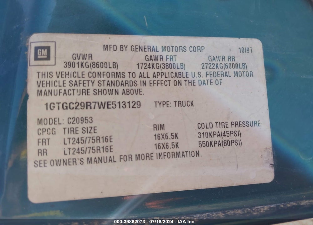 1998 GMC SIERRA 2500 SL VIN: 1GTGC29R7WE513129
