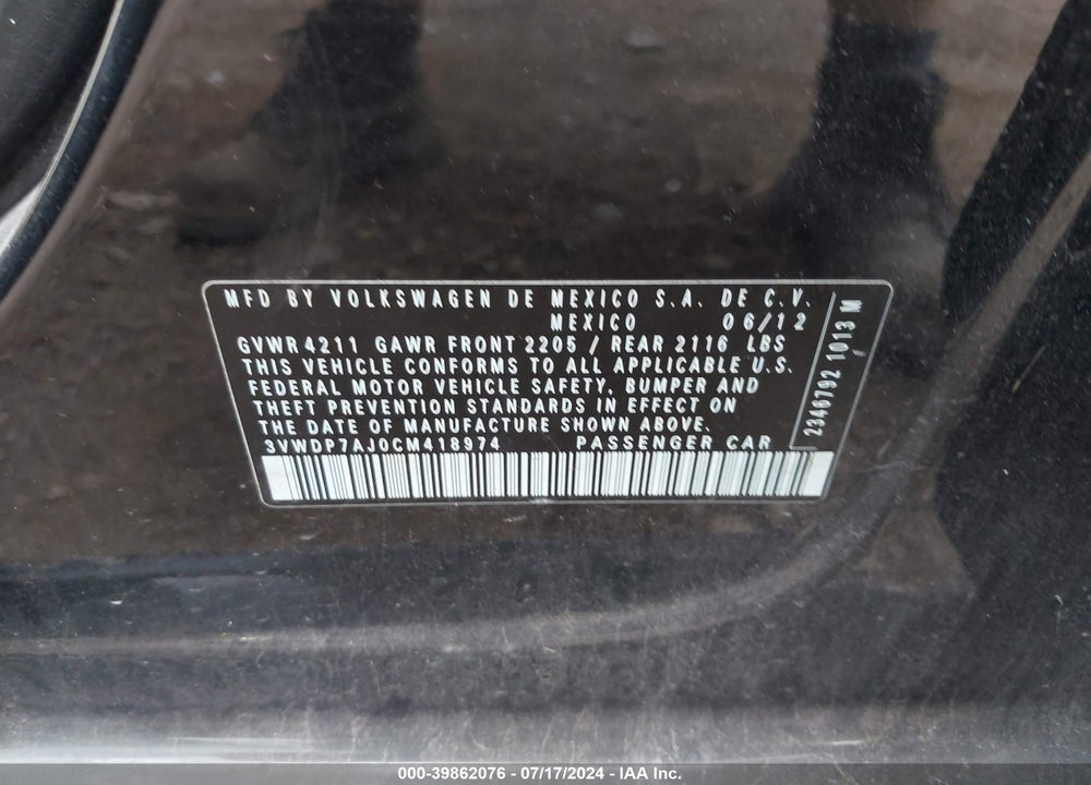2012 VOLKSWAGEN JETTA 2.5L SE VIN: 3VWDP7AJ0CM418974