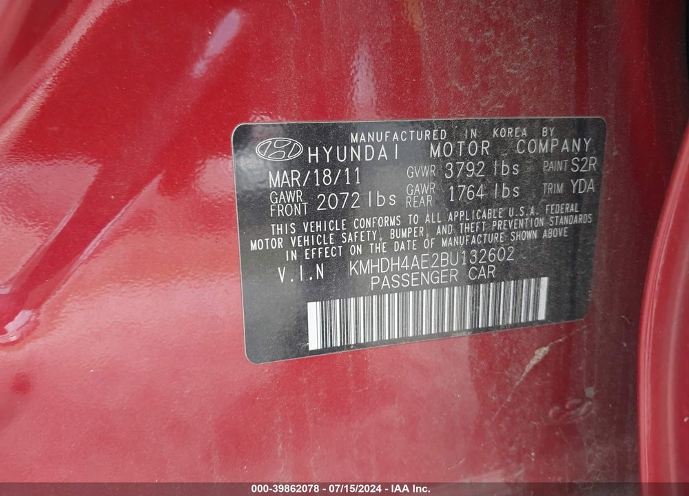 2011 HYUNDAI ELANTRA GLS (ULSAN PLANT) VIN: KMHDH4AE2BU132602