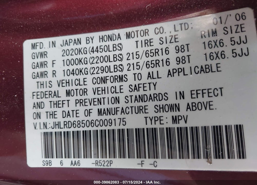 2006 HONDA CR-V LX VIN: JHLRD68506C009175