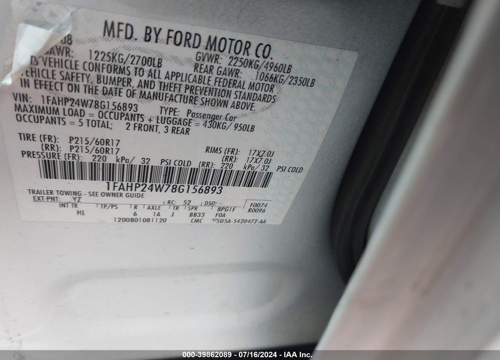 2008 FORD TAURUS VIN: 1FAHP24W78G156893