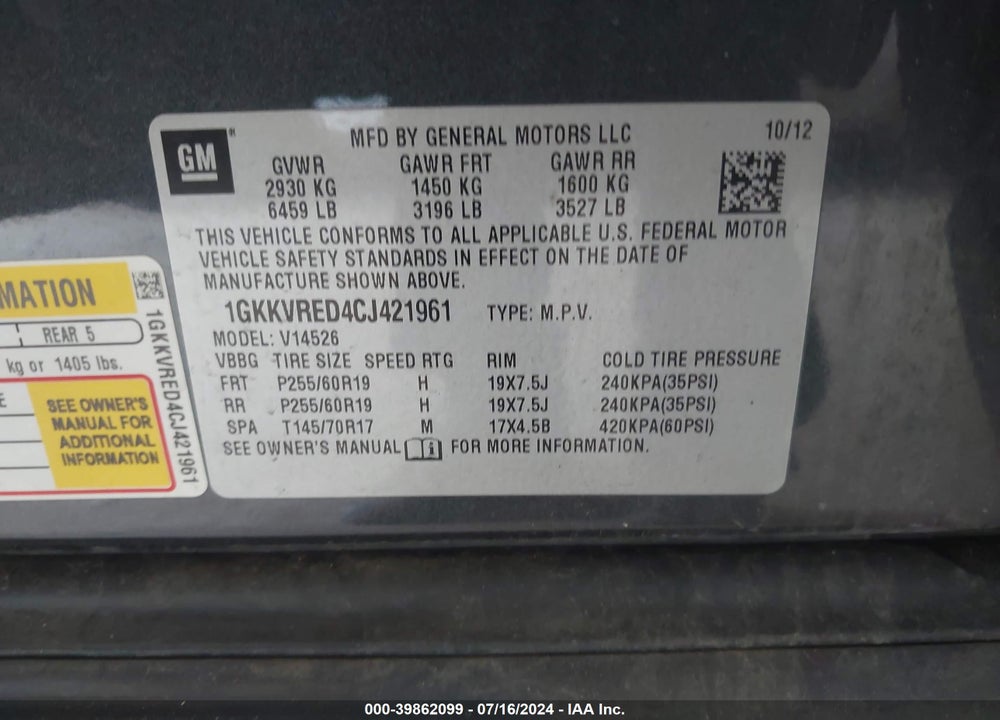 2012 GMC ACADIA SLT-1 VIN: 1GKKVRED4CJ421961