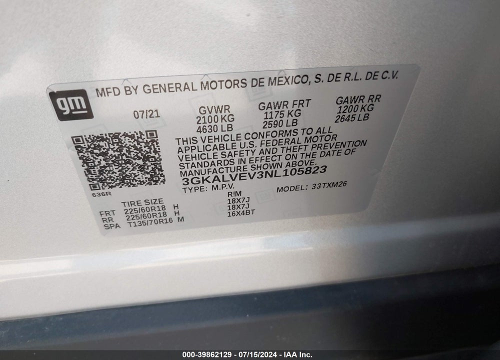2022 GMC TERRAIN VIN: 3GKALVEV3NL105823