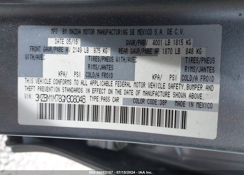 2016 MAZDA 3 I TOURING VIN: 3MZBM1M78GM308046