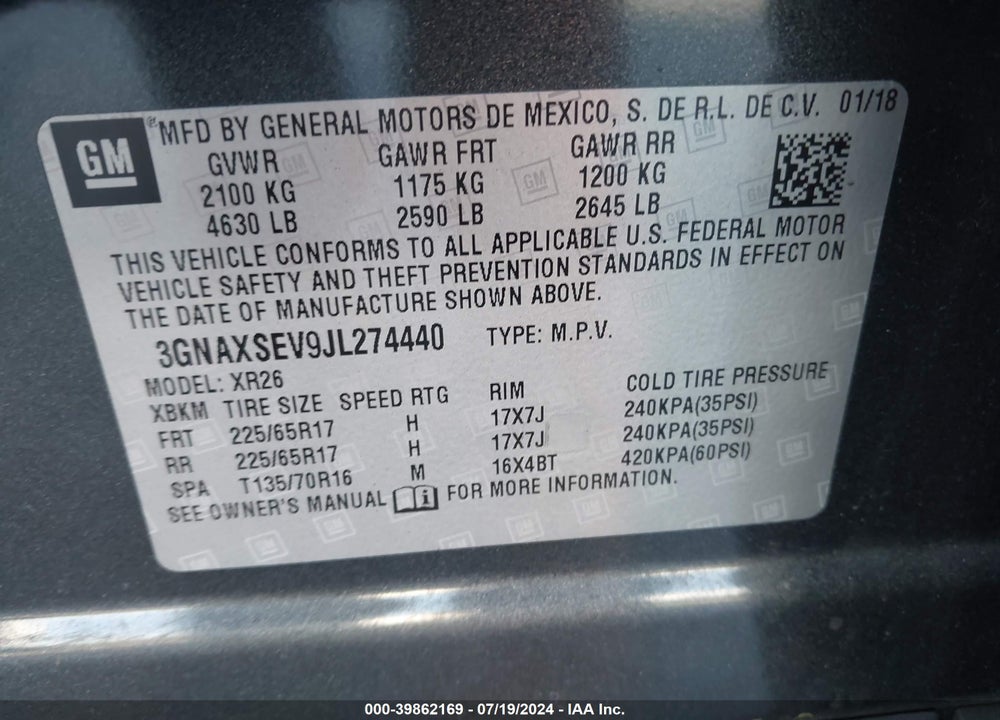 2018 CHEVROLET EQUINOX LT VIN: 3GNAXSEV9JL274440