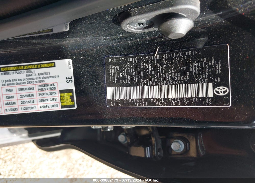 2024 TOYOTA COROLLA LE VIN: 5YFB4MDE4RP169841