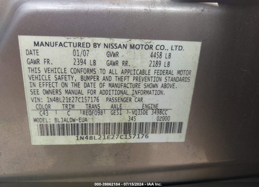 2007 NISSAN ALTIMA 3.5 SE VIN: 1N4BL21E27C157176