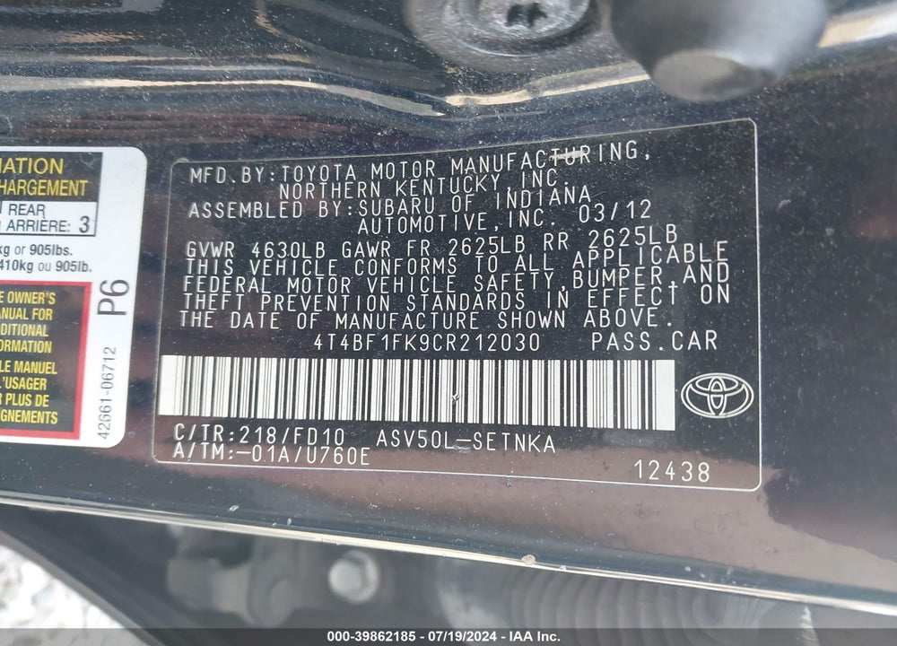 2012 TOYOTA CAMRY LE VIN: 4T4BF1FK9CR212030