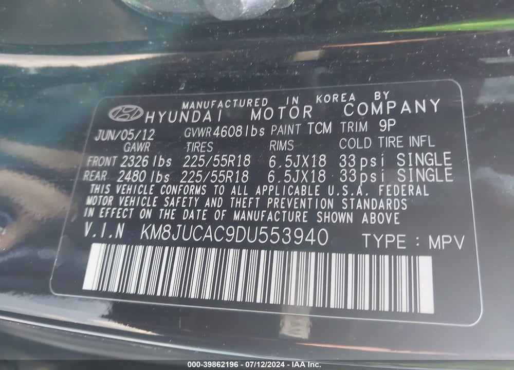 2013 HYUNDAI TUCSON LIMITED VIN: KM8JUCAC9DU553940