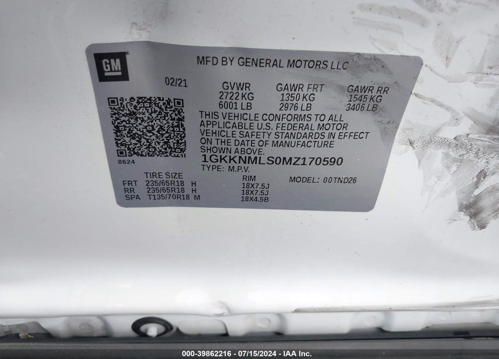 2021 GMC ACADIA VIN: 1GKKNMLS0MZ170590
