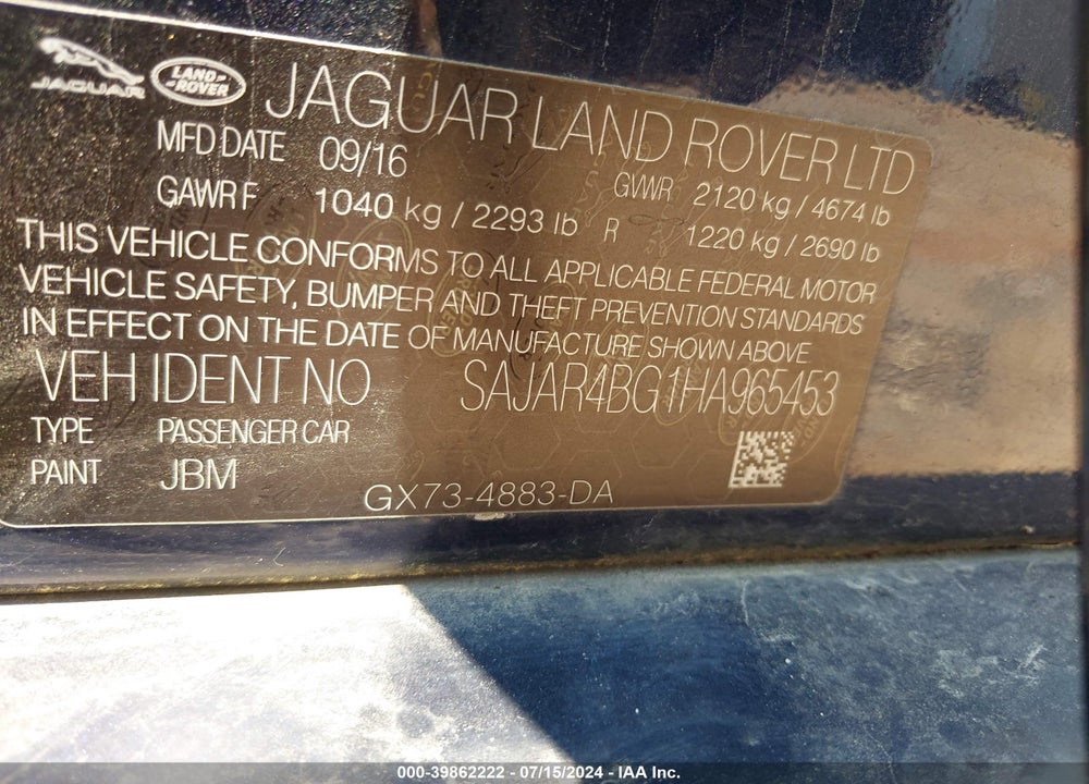 2017 JAGUAR XE 25T VIN: SAJAR4BG1HA965453