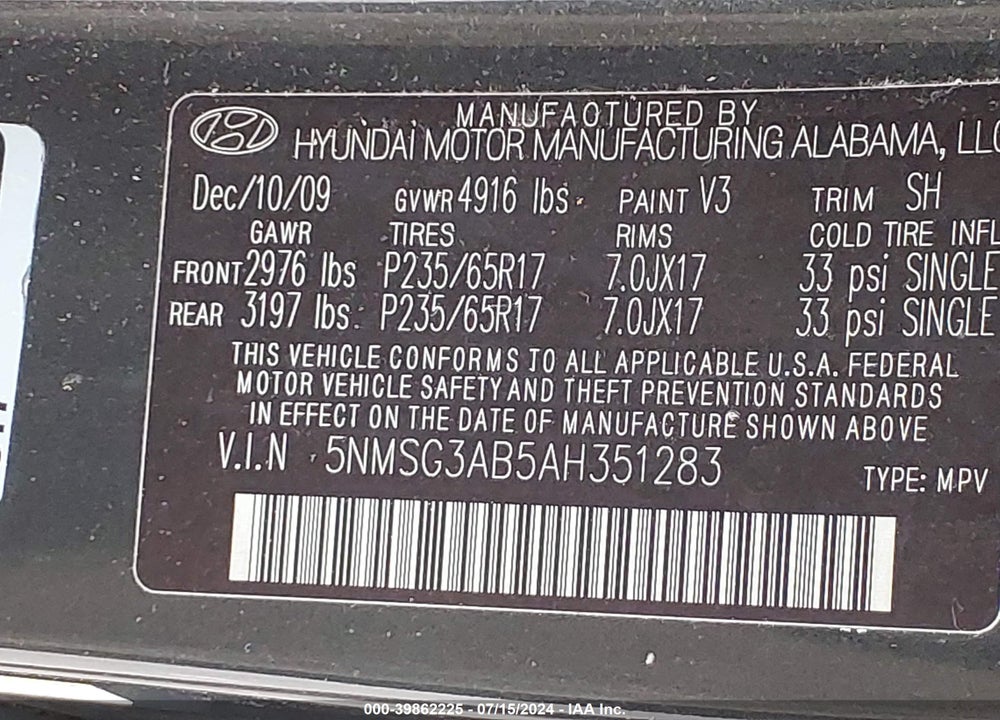 2010 HYUNDAI SANTA FE GLS VIN: 5NMSG3AB5AH351283