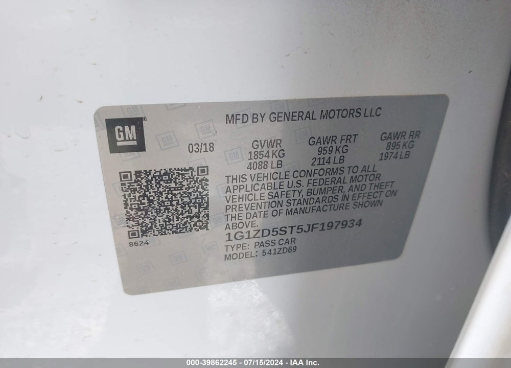 2018 CHEVROLET MALIBU LT VIN: 1G1ZD5ST5JF197934