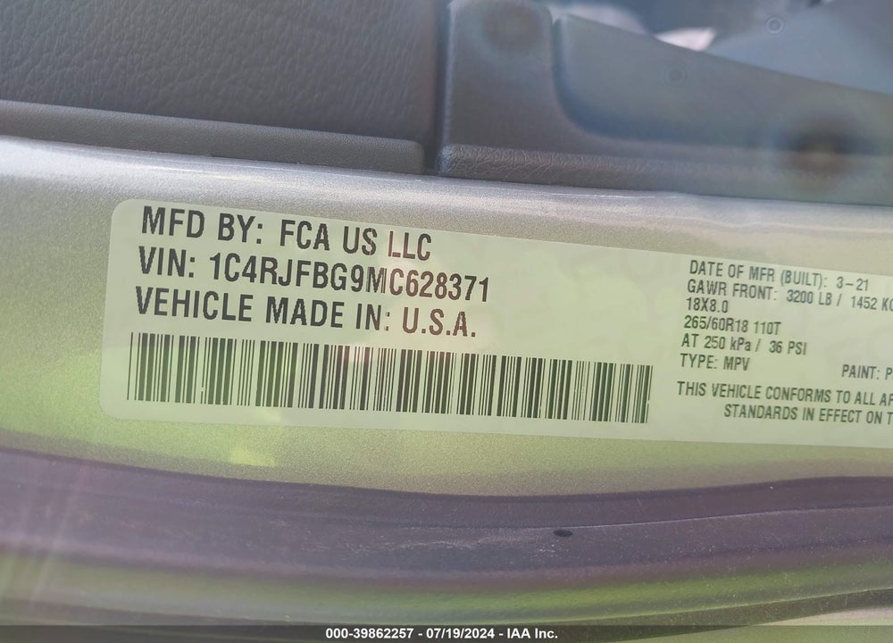 2021 CHEROKEE JEEP GRAND  LIMITED 4X4 VIN: 1C4RJFBG9MC628371