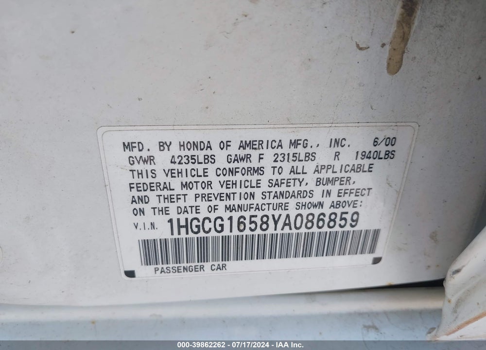 2000 HONDA ACCORD 3.0 EX VIN: 1HGCG1658YA086859