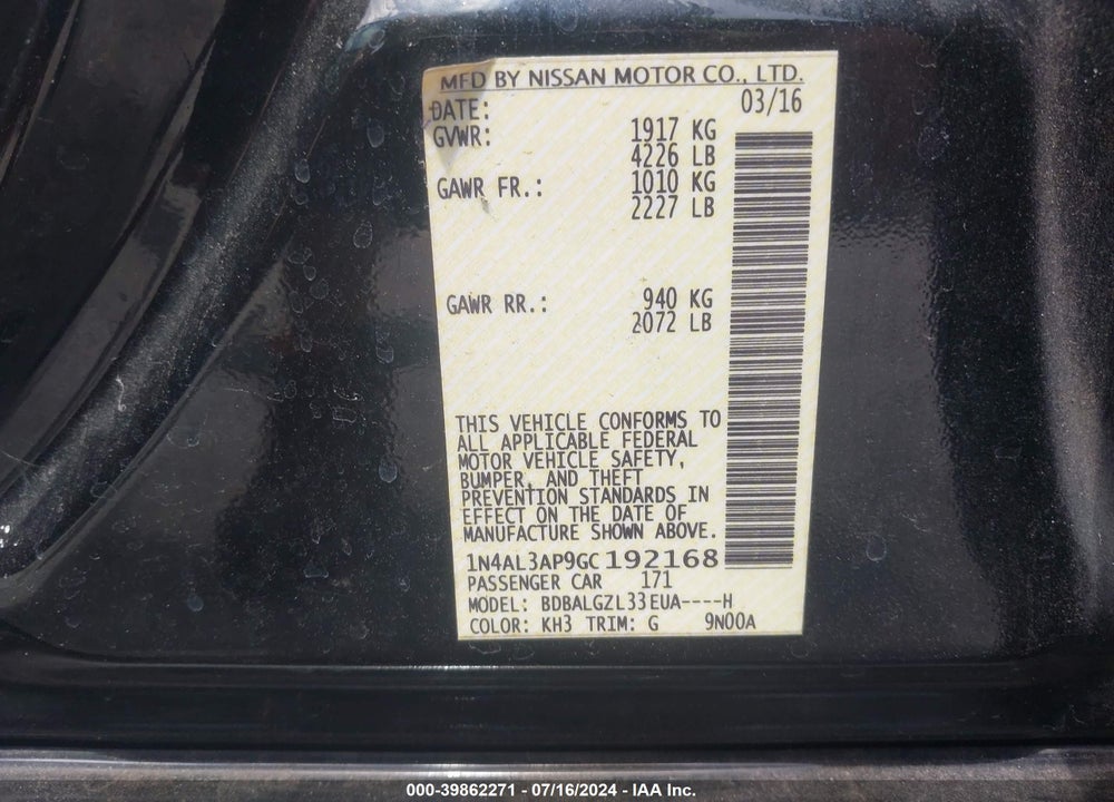 2016 NISSAN ALTIMA 2.5 S VIN: 1N4AL3AP9GC192168