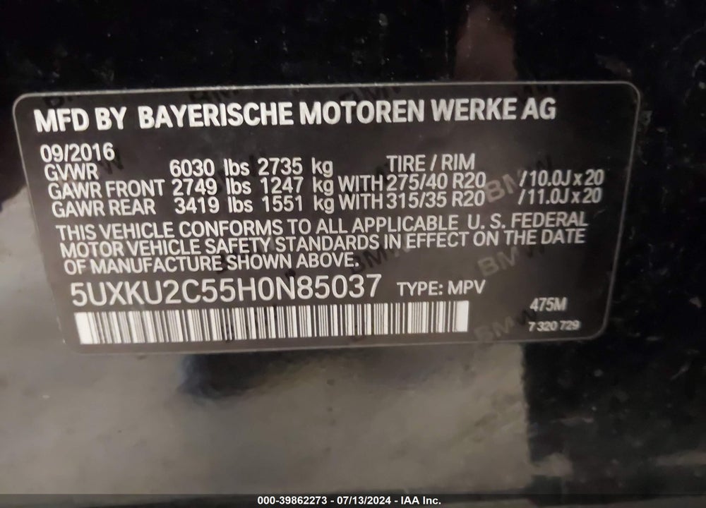 2017 BMW X6 XDRIVE35I VIN: 5UXKU2C55H0N85037