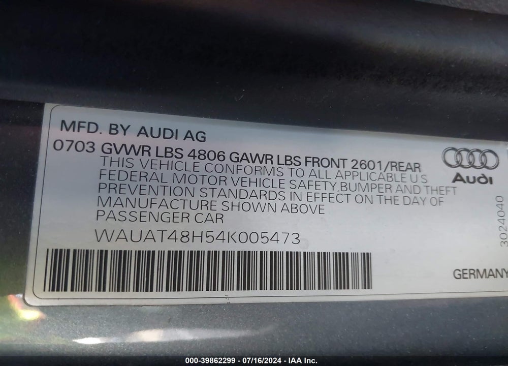 2004 AUDI A4 3.0 VIN: WAUAT48H54K005473