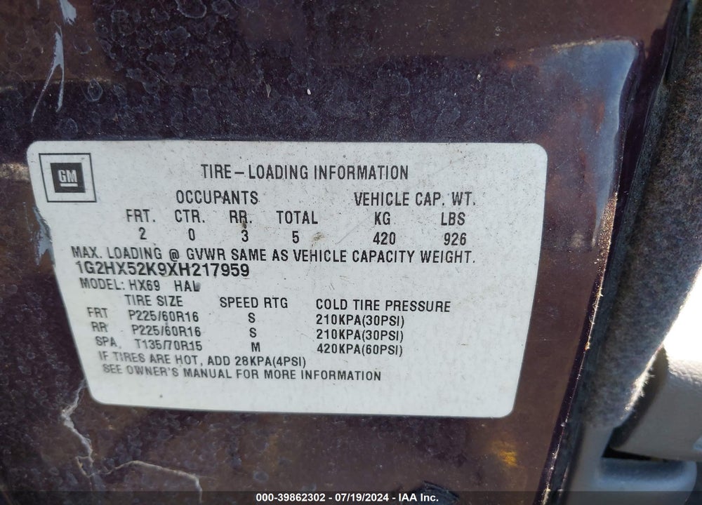 1999 PONTIAC BONNEVILLE SE VIN: 1G2HX52K9XH217959