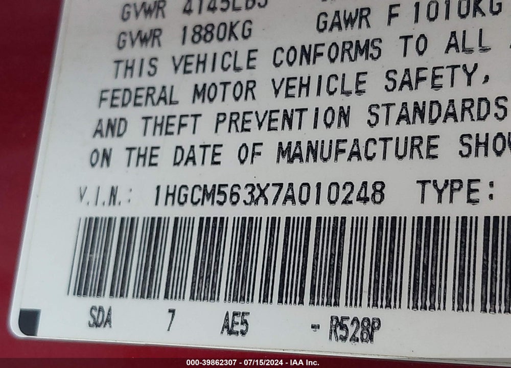 2007 HONDA ACCORD 2.4 SE VIN: 1HGCM563X7A010248