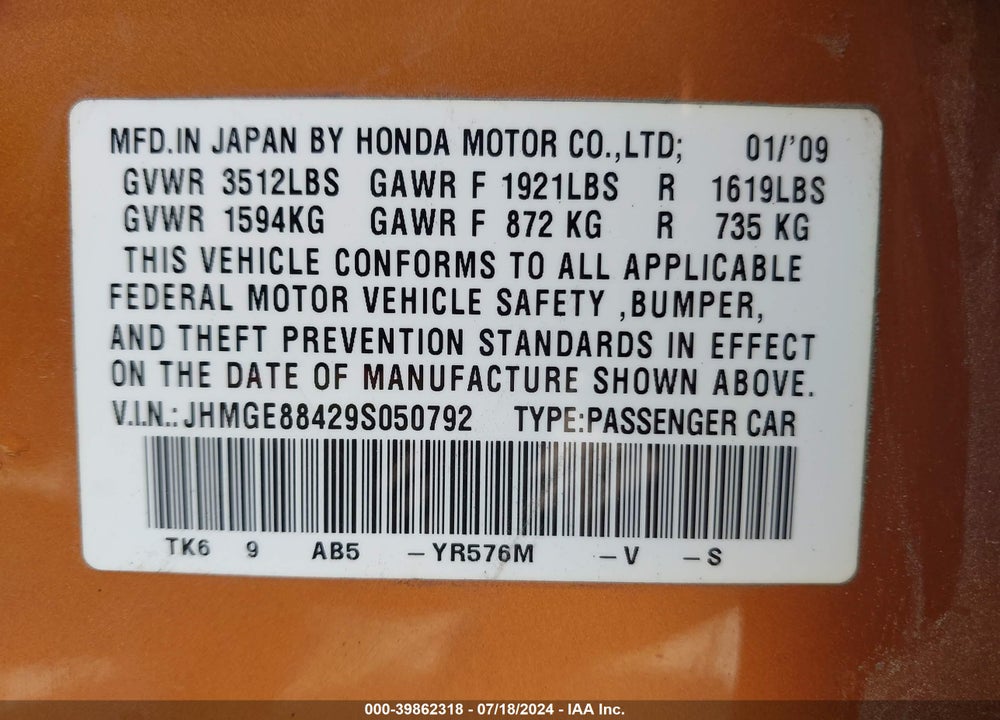 2009 HONDA FIT SPORT VIN: JHMGE88429S050792