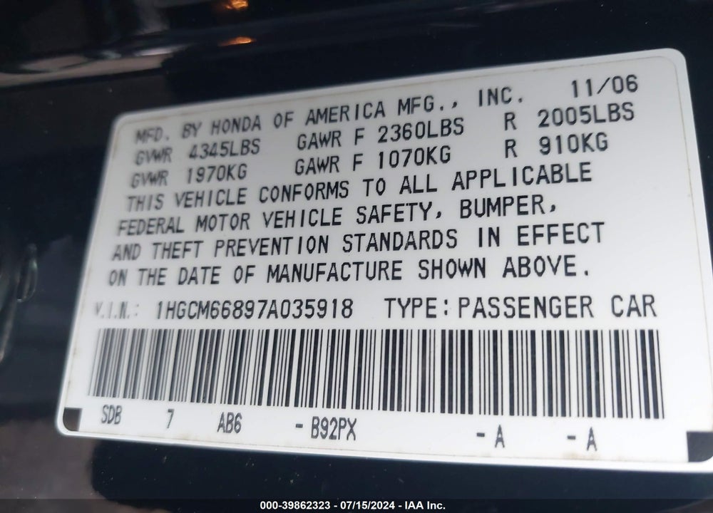 2007 HONDA ACCORD 3.0 EX VIN: 1HGCM66897A035918