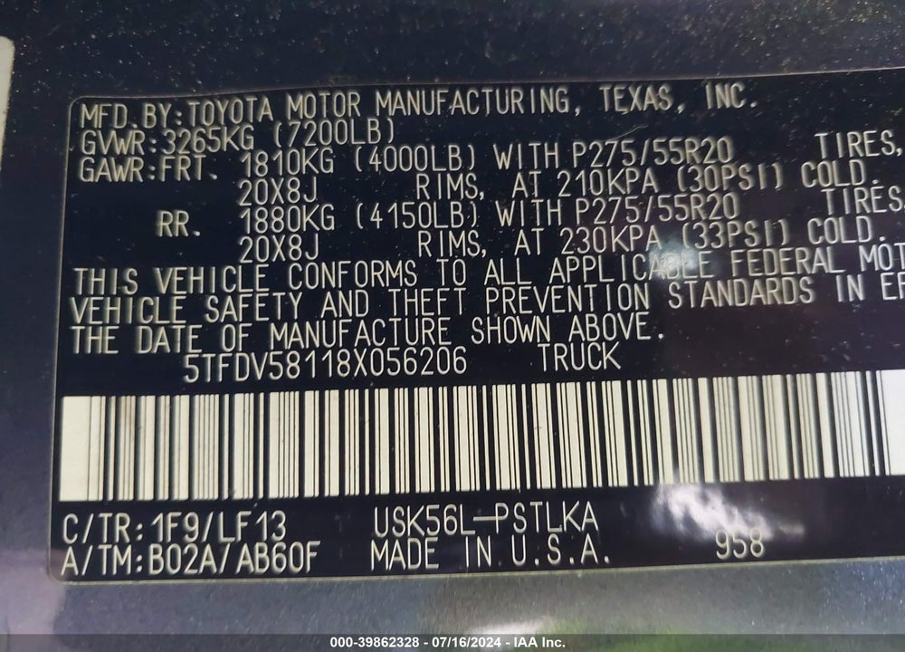 2008 TOYOTA TUNDRA LIMITED 5.7L V8 VIN: 5TFDV58118X056206