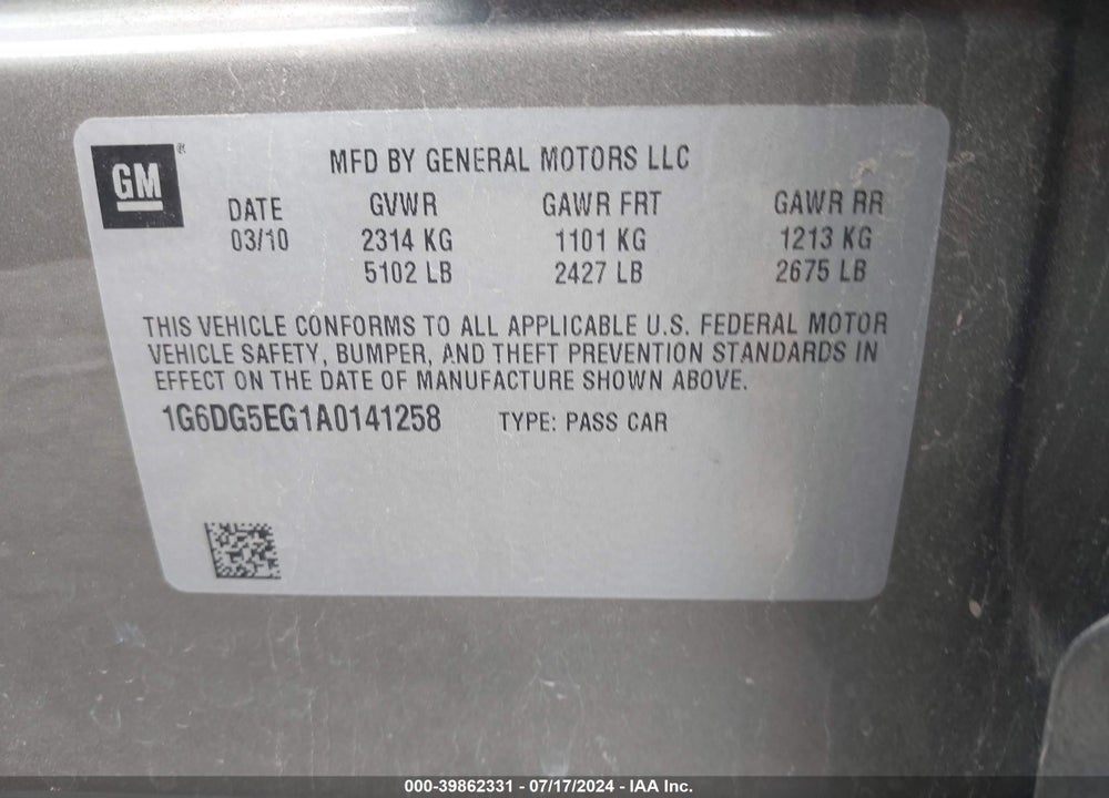 2010 CADILLAC CTS LUXURY VIN: 1G6DG5EG1A0141258
