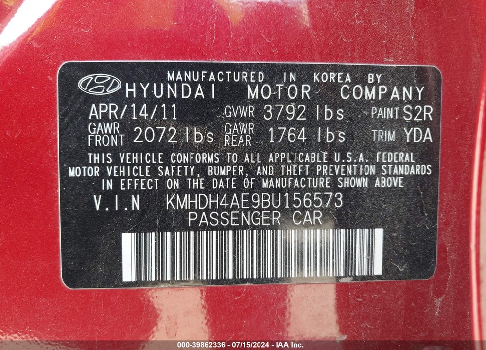 2011 HYUNDAI ELANTRA LIMITED (ULSAN PLANT) VIN: KMHDH4AE9BU156573