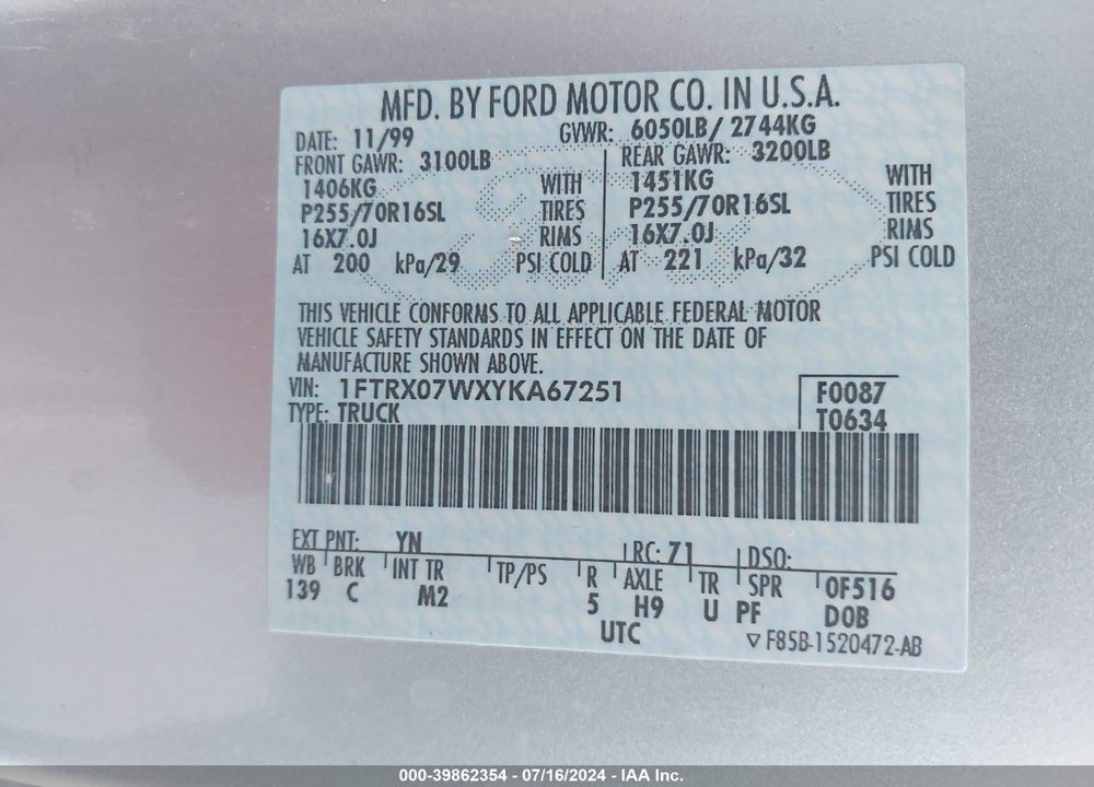 2000 FORD F-150 LARIAT/XL/XLT VIN: 1FTRX07WXYKA67251