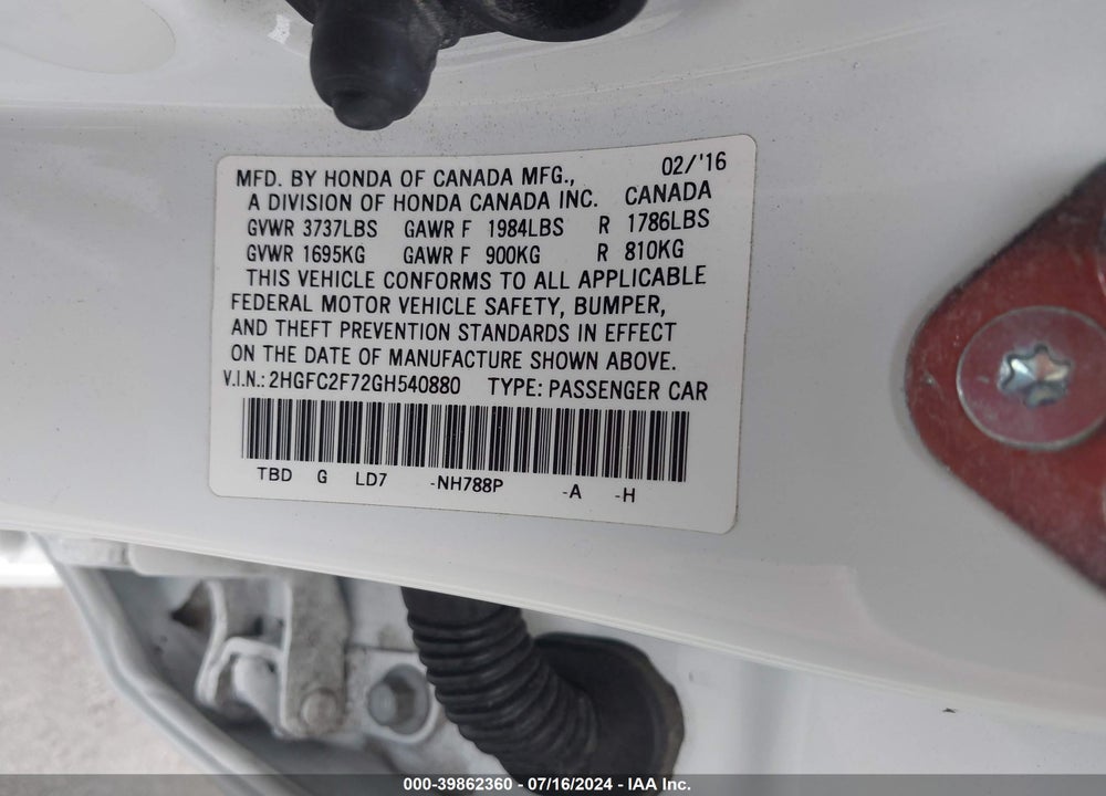 2016 HONDA CIVIC EX VIN: 2HGFC2F72GH540880