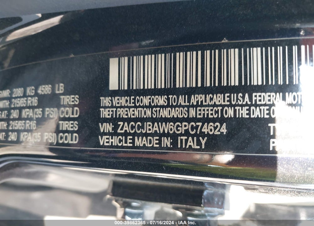 2016 JEEP RENEGADE SPORT VIN: ZACCJBAW6GPC74624