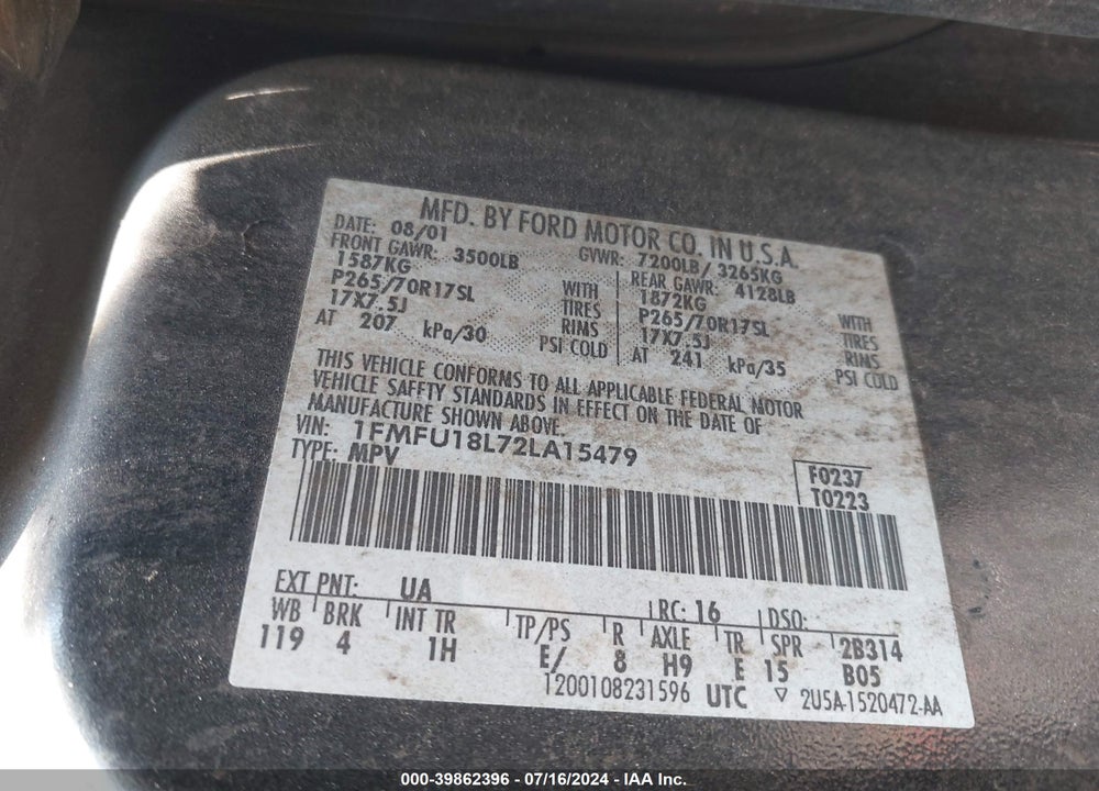 2002 FORD EXPEDITION EDDIE BAUER VIN: 1FMFU18L72LA15479