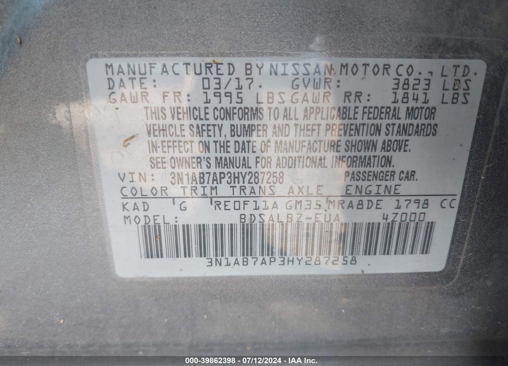 2017 NISSAN SENTRA S VIN: 3N1AB7AP3HY287258