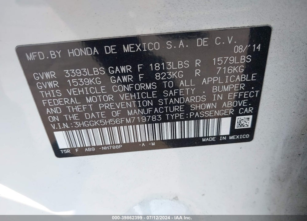 2015 HONDA FIT LX VIN: 3HGGK5H56FM719783