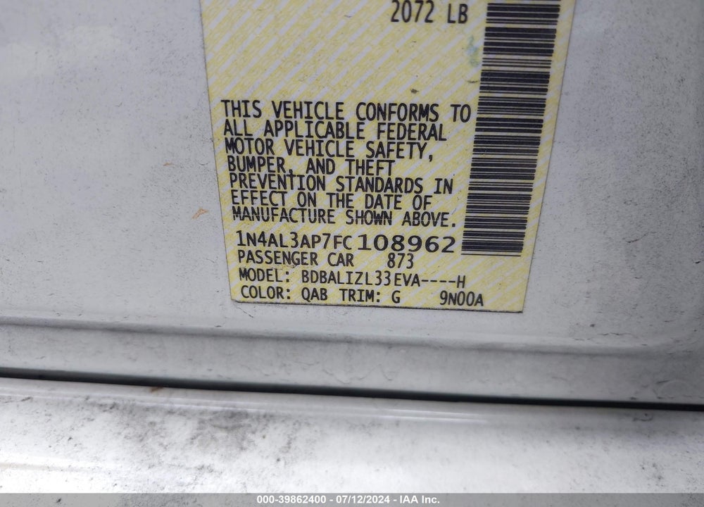 2015 NISSAN ALTIMA 2.5 SV VIN: 1N4AL3AP7FC108962