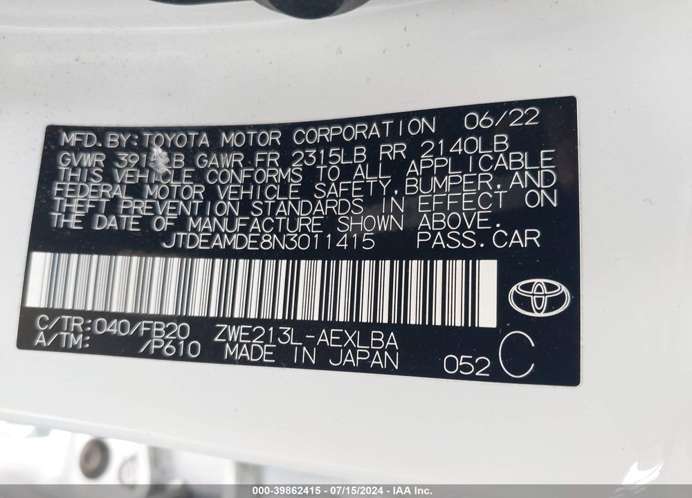 2022 TOYOTA COROLLA HYBRID LE VIN: JTDEAMDE8N3011415