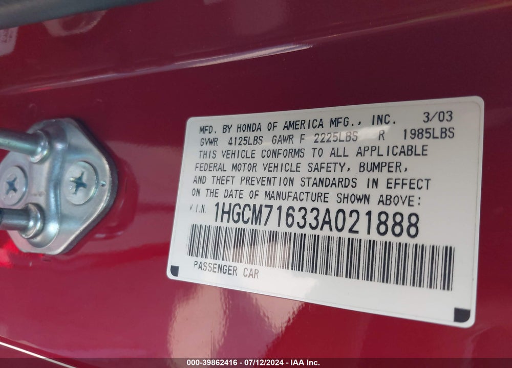 2003 HONDA ACCORD 2.4 EX VIN: 1HGCM71633A021888