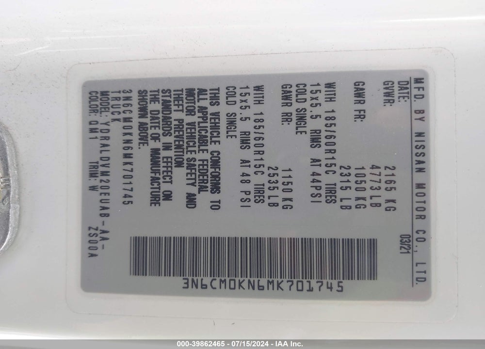 2021 NISSAN NV200 COMPACT CARGO S XTRONIC CVT VIN: 3N6CM0KN6MK701745