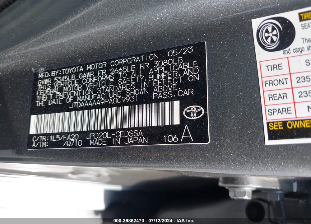 2023 TOYOTA MIRAI XLE VIN: JTDAAAAA9PA009931