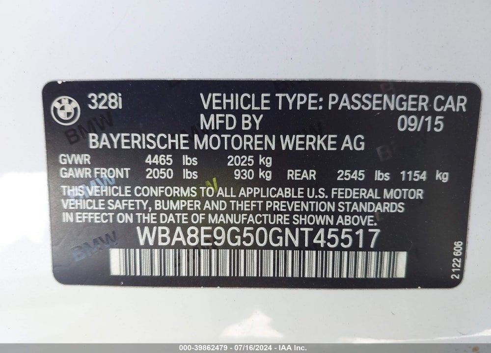 2016 BMW 328I VIN: WBA8E9G50GNT45517