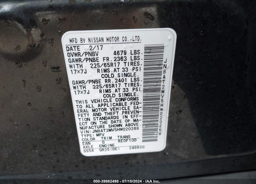 2017 NISSAN ROGUE S VIN: JN8AT2MV5HW020268
