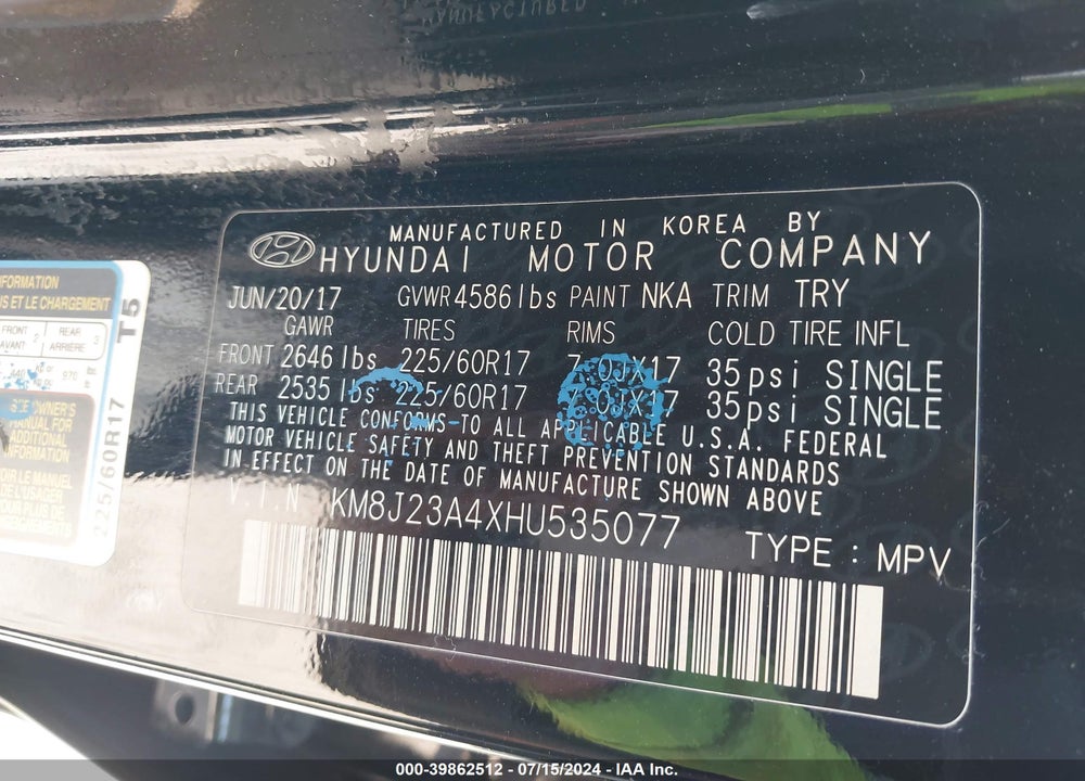2017 HYUNDAI TUCSON SE VIN: KM8J23A4XHU535077