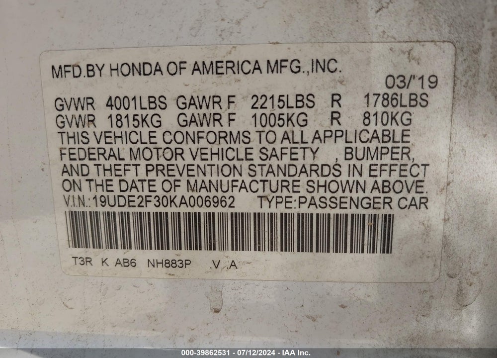 2019 ACURA ILX STANDARD VIN: 19UDE2F30KA006962