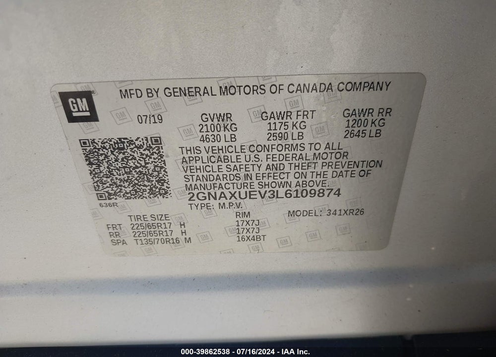 2020 CHEVROLET EQUINOX AWD LT 1.5L TURBO VIN: 2GNAXUEV3L6109874