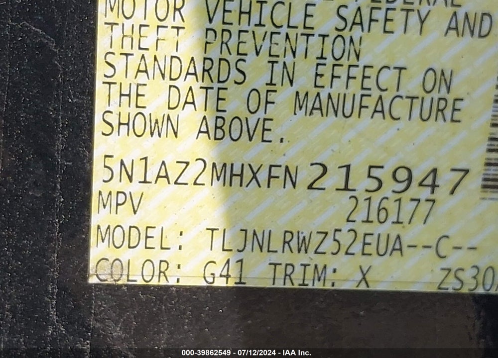 2015 NISSAN MURANO SL VIN: 5N1AZ2MHXFN215947