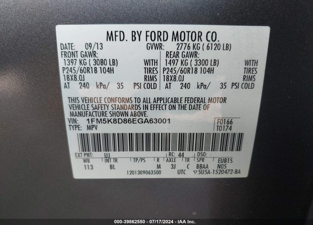 2014 FORD EXPLORER XLT VIN: 1FM5K8D86EGA63001